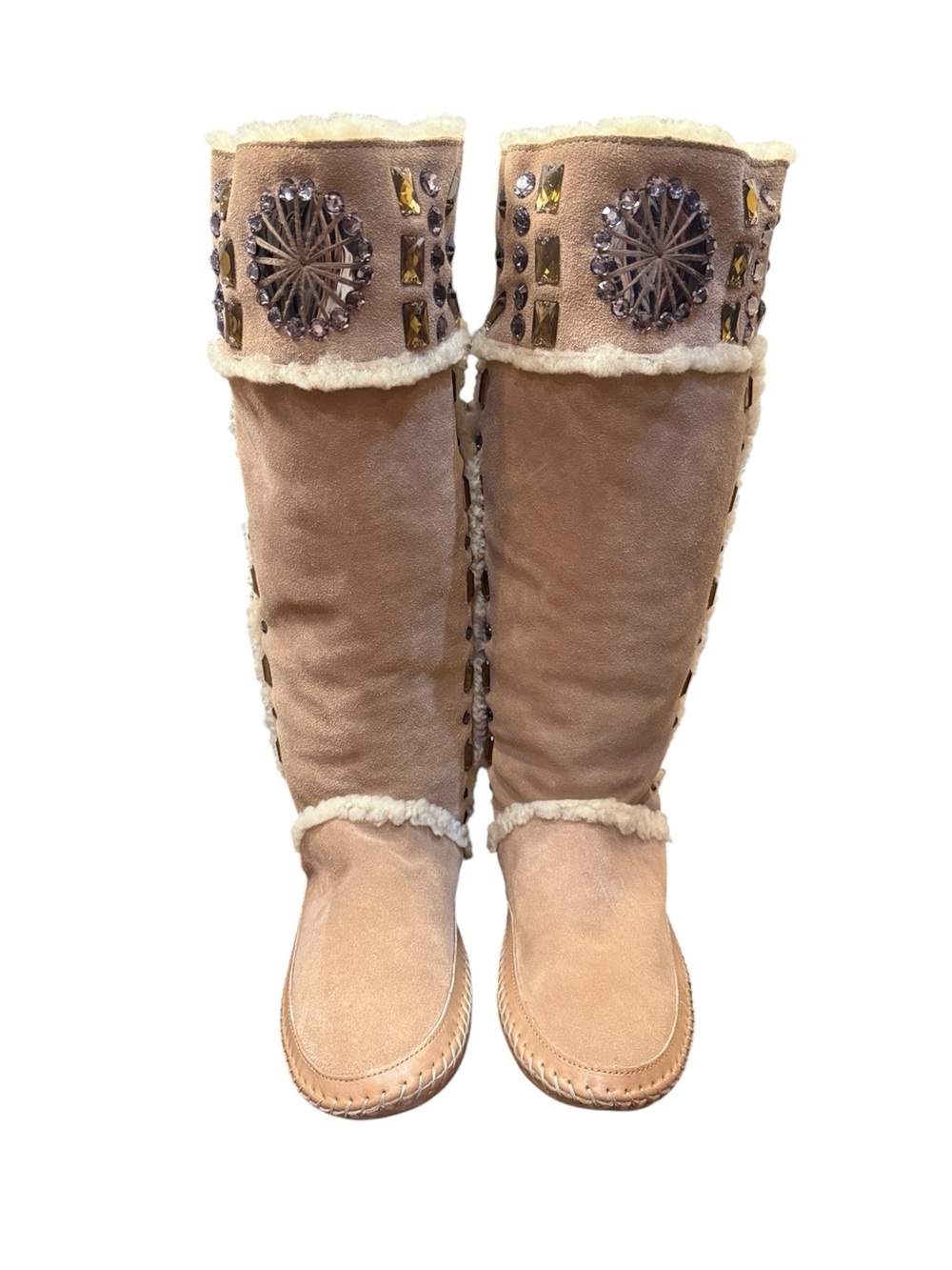 Tory Burch Tan Suede Mid Calf Crystal Embellished Shearling Mocassin Boots Sz 9